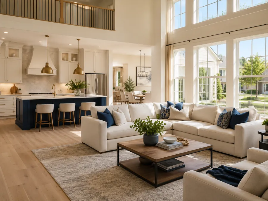 Open-concept great room with a vaulted ceiling in a Travelers Rest home