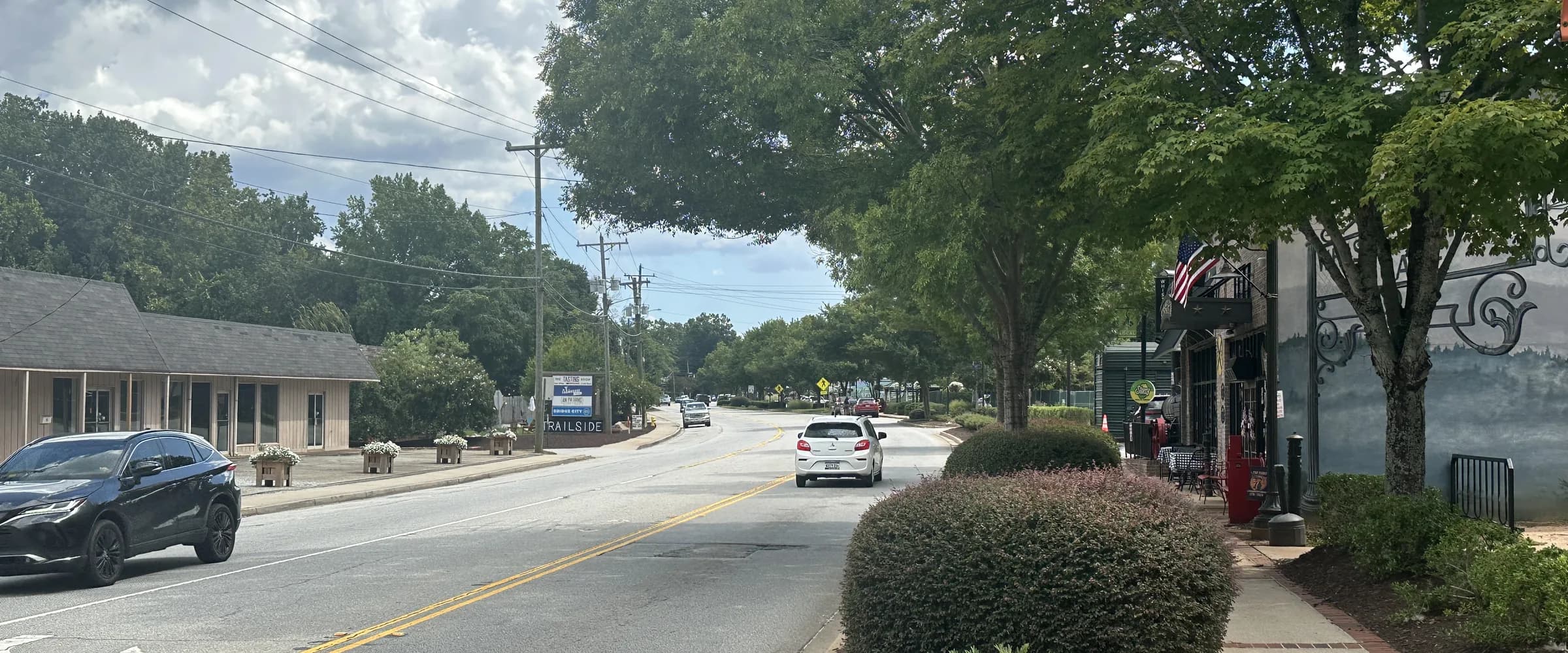 Main Street, which is US 276, running through downtown Travelers Rest, South Carolina between shops and shade trees