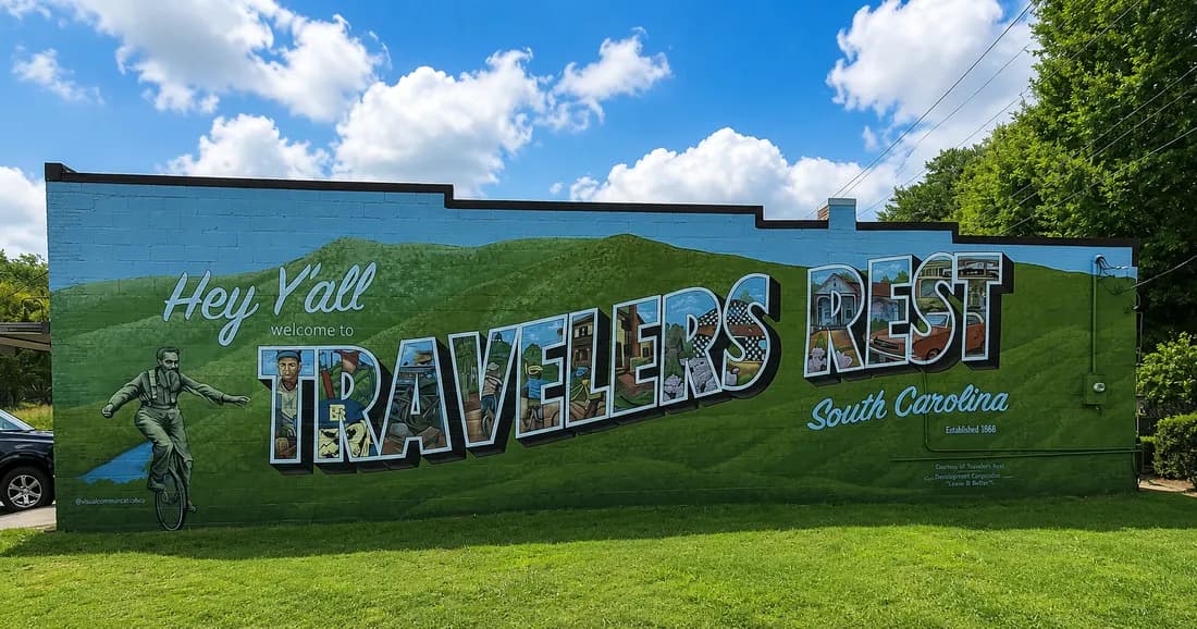 Welcome to Travelers Rest, South Carolina mural in downtown Travelers Rest