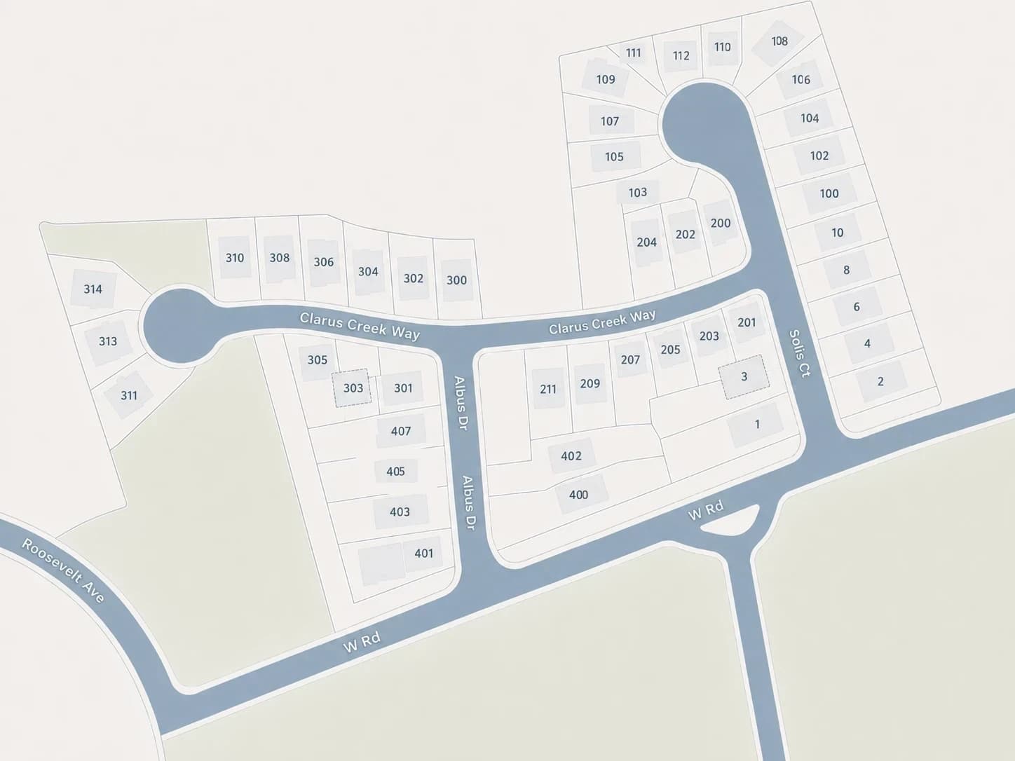 Site map of the Village West subdivision in Travelers Rest, SC showing the homes on Solis Court, Clarus Creek Way, and Albus Drive
