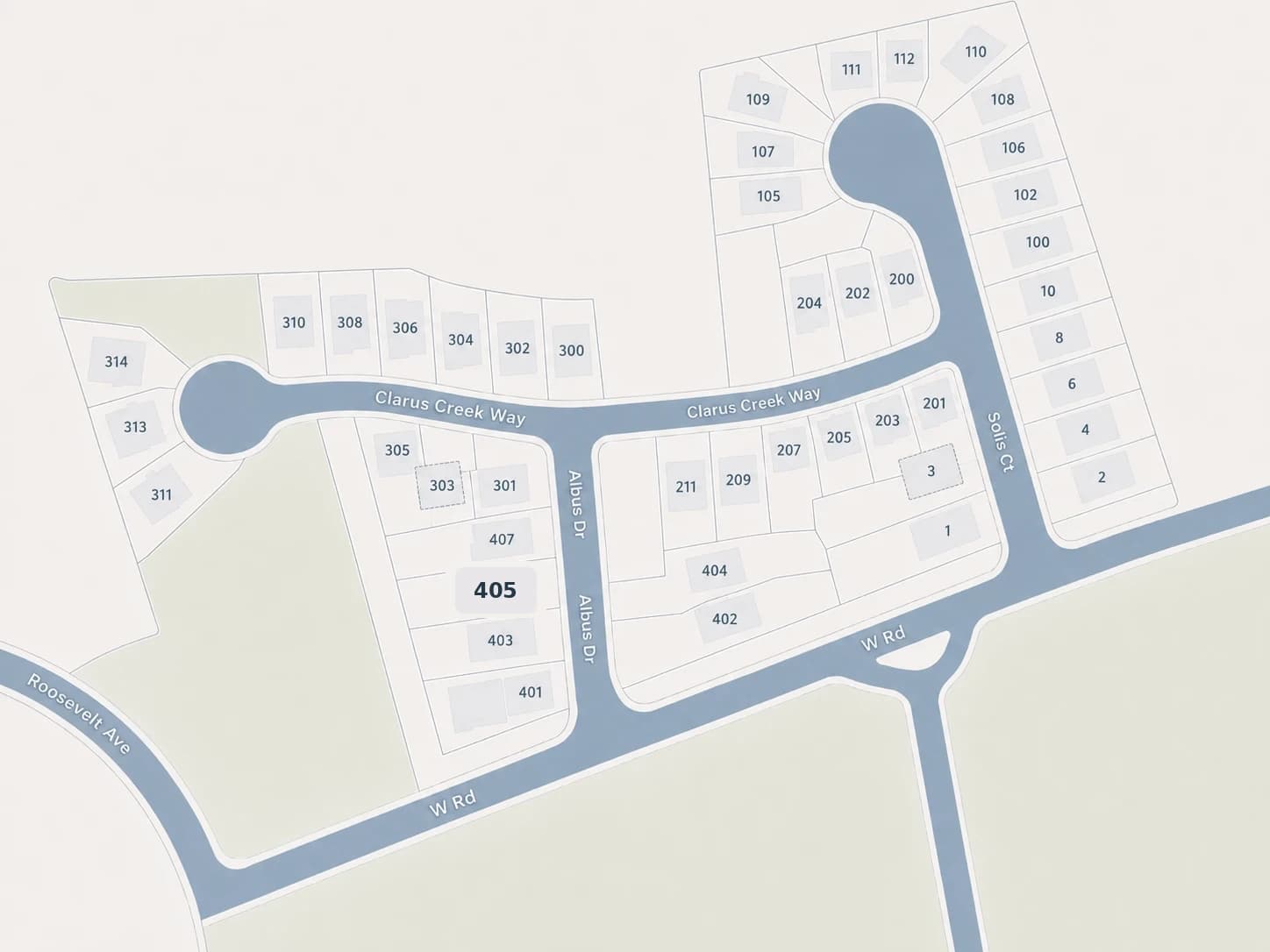 Site map of the Village West subdivision in Travelers Rest, SC showing the homes on Solis Court, Clarus Creek Way, and Albus Drive
