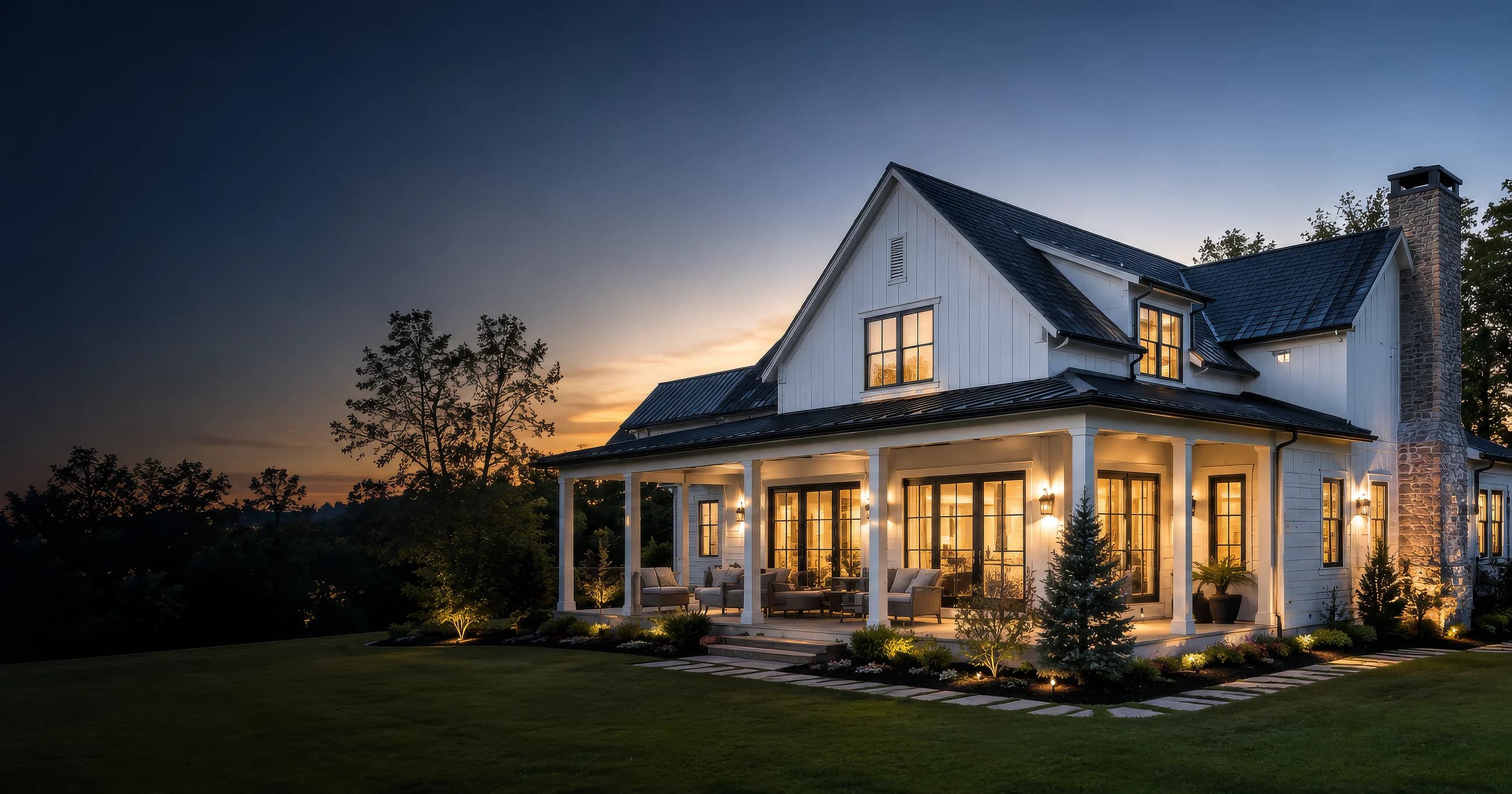 A white farmhouse-style home at dusk with a warm-lit wrap-around porch and landscaped lawn in Travelers Rest, SC